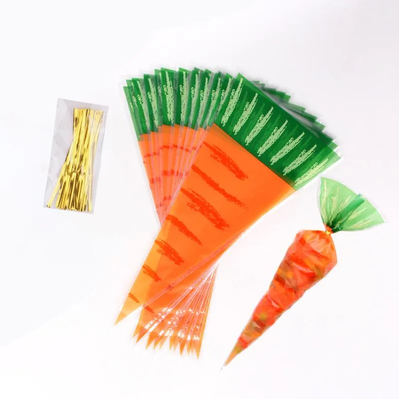 Emballage cadeau 20 pièces sacs de bonbons aux carottes cônes sac en plastique transparent enfants fête d'anniversaire décor fournitures décoration de pâques