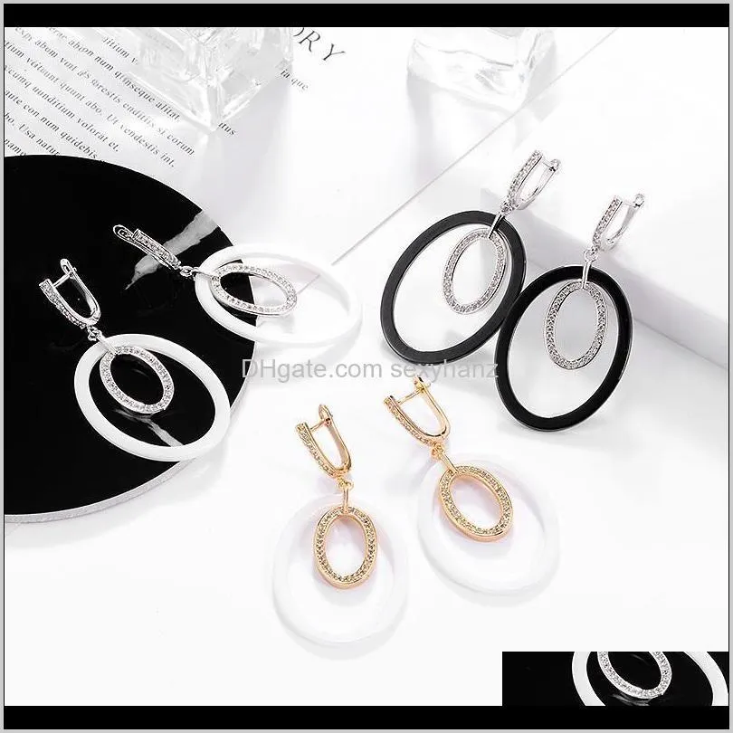 black white ceramic cubic zirconia drop earrings for women oval circle gold dangle earing korean fashion jewelry & chandelier