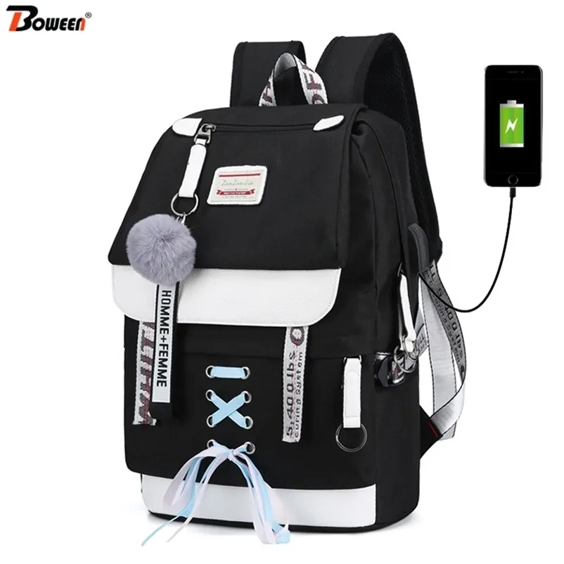 Mochilas escolares de lona usb para meninas, adolescentes, mochilas femininas, pretas, grande capacidade, média, alta, faculdade, adolescente, mochila 211013