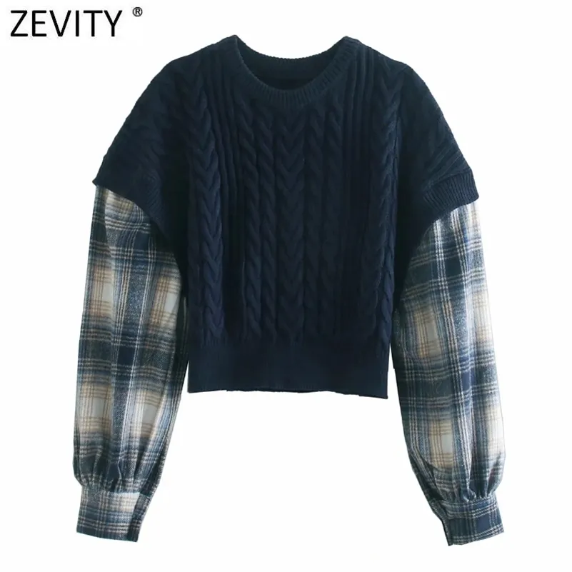 Frauen Vintage Plaid Batwing Hülse Patchwork Stricken Pullover Weibliche Chic O Neck Gefälschte Zwei Stück Casual Pullover Tops S580 210416