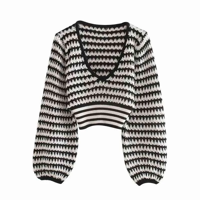 Wiosna Santa sweter Kontrastowe paski Cienka sekcja V-Neck Długi rękaw Krótki Top European Trend Pulies Pullover Knit 210510