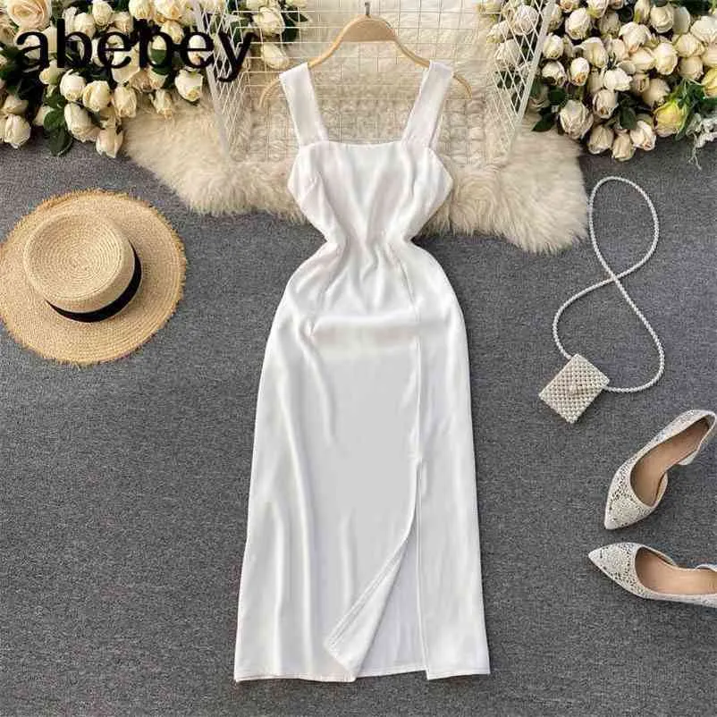 Sleeveless Pleated solid Summer Women's Dress Elegant split Maxi Dresses Club Wear Vestidos Mid-Length Dress Robe Sexy Party 210715