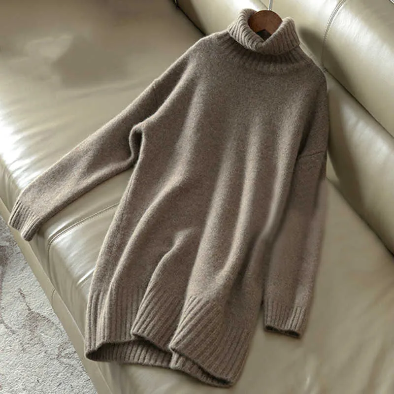 Кашемир свитер Женщины водолазки вязаные шерстяные пуловер длинные свободные толстые теплые моды повседневные женщины 210805