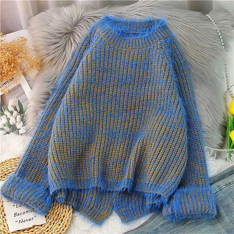 Ebaihui Mohair Trui Vrouwen Solid Blue O-hals Pullover KPOP Jumper Gebreide Top Harajuku Split Losse Chic Sweaters 211123