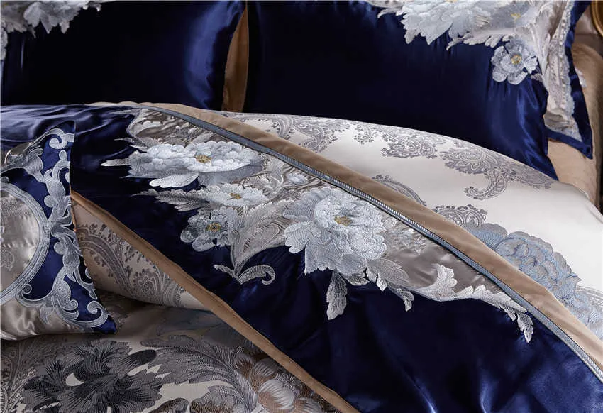 Blå Silver Silk Cotton Satin Jacquard Luxury Kinesisk sängkläder Ställ Drottning King Size Bedding Set Bed Sheet / Spread Set Duvet Cover H0913