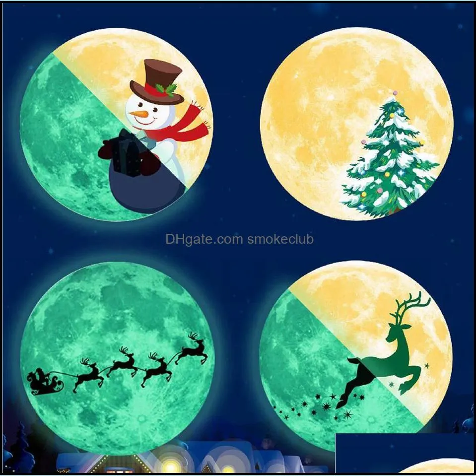 Decorations Festive Supplies Home & Garden30Cm Christmas Luminous Sticker Round Snowman Elk Deer Pine Santa Fluorescent Xmas Wall Stickers P