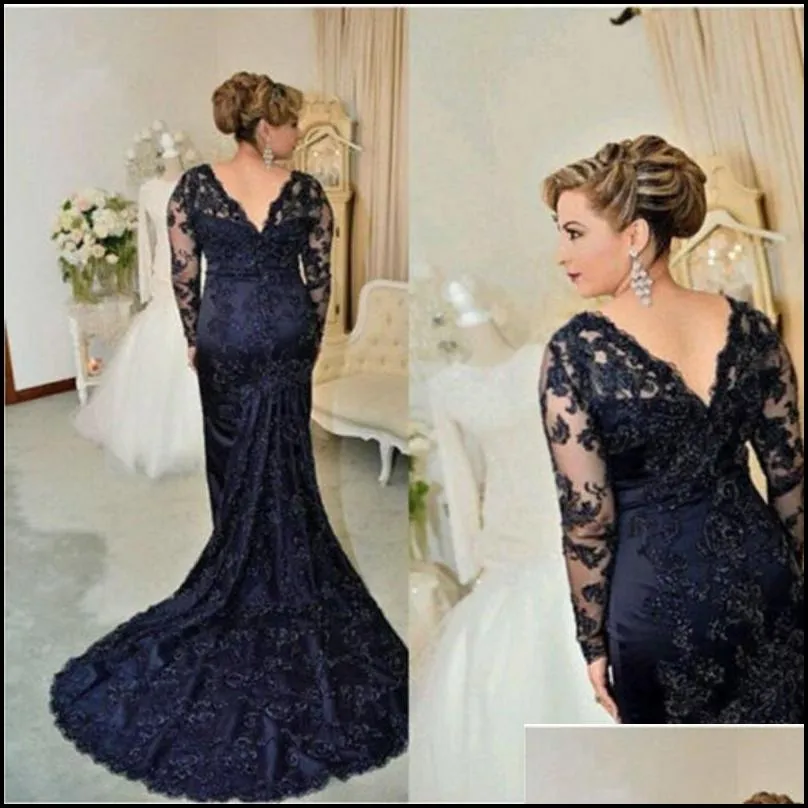 Navy Blue Lace Mother of the Bride Dresses 2019 New Elegant V-Neck Long Sleeve Mermaid Mother of the Groom Wedding Guest Gowns M63