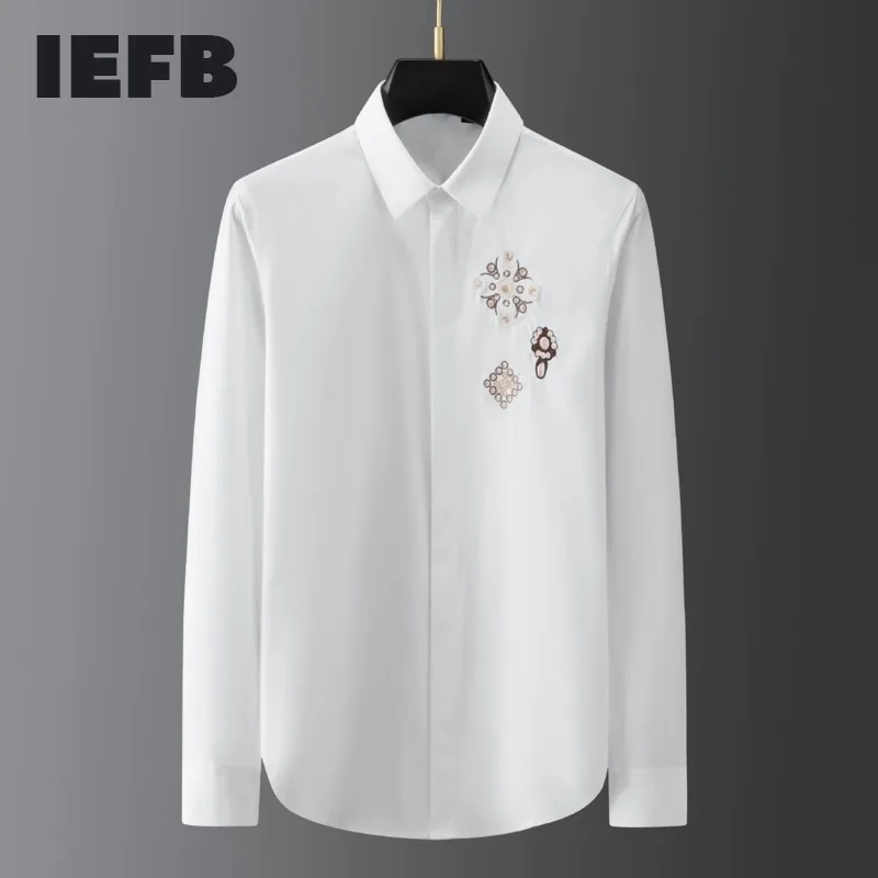 IEFBファッションフラワーパターン刺繍シンプル長袖シャツメンズスプリングカワイアスリムブラウストレンドトップス9Y5622 210524