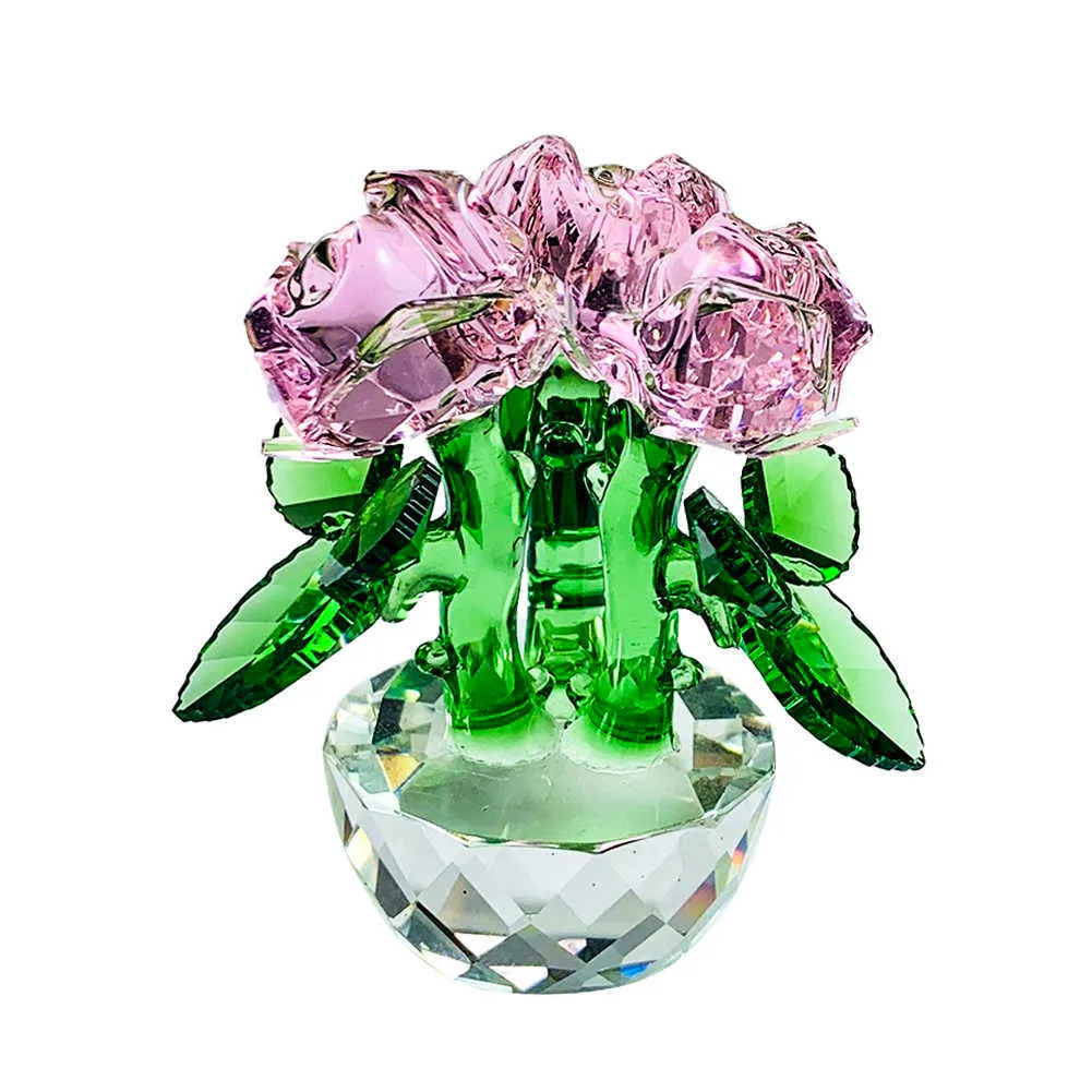 Pink Rose Flower Crystal Figurines Everlasting Valentine's Gifts Bouquet s Sculpture Ornament Wedding Car Decor 210804