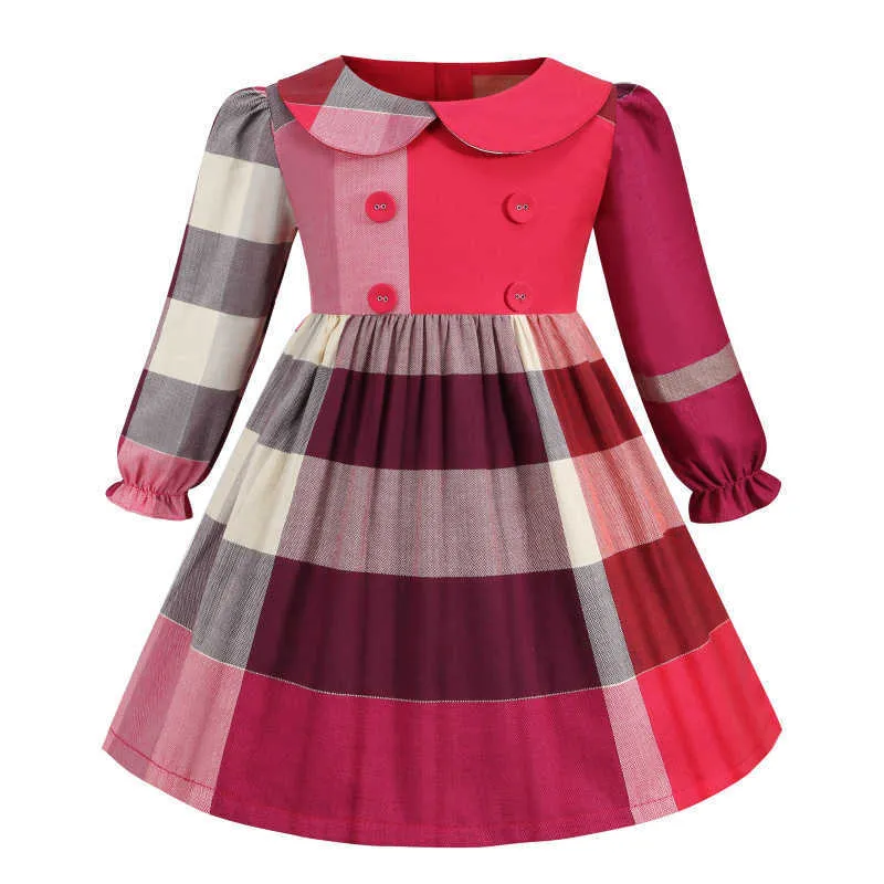 2021 European Style Baby Girl Dresses Long Sleeve Plaid New Arrival Clothes Casual Wear Princess Kids Clothing 2-6 Years Q0716