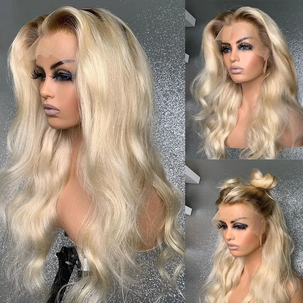 613 Blondynka Koronkowa Peruka Peruka Syntetyczne Włosy z Dark Roots Long Loose Wave Natural Daily / Cosplay Peruki dla kobiet