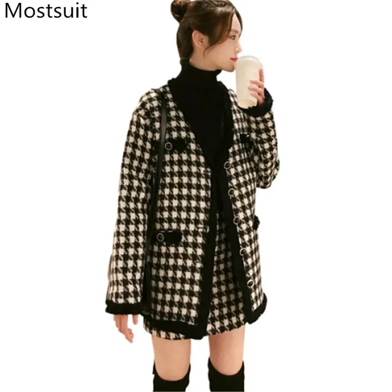Houndstooth Vintage Woolen Skirt Suit Set Women V-neck Cardigan Tops ...