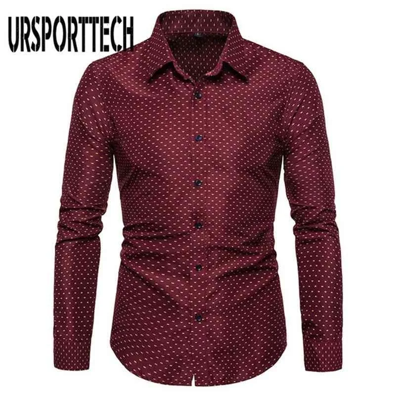 URSPORTTECH Camicia a maniche lunghe con stampa Uomo Large Size Vestibilità regolare Camicie casual eleganti Camicia elegante da uomo d'affari Camisas Masculina 210714