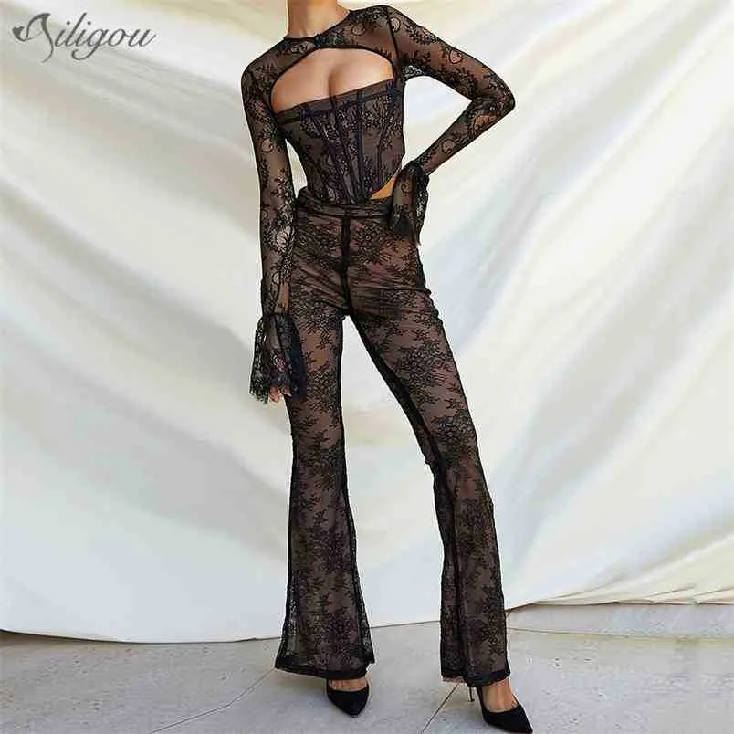 Women's Sexy Printed Lace Hollow Backless Bodycon Petal Long Sleeve Skinny Two-piece Celebrity Party Fashion Set 210525