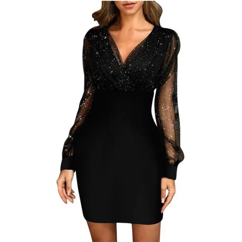 Casual Mini Dresses for Women Elegant Sequin Mesh Long Sleeve Sexy V Neck Vintage Cocktail Club Party Bodycon Dress