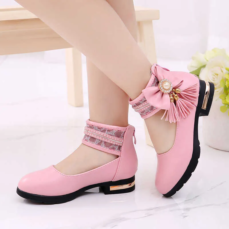 Fashion Tassel Bow Childrens Leather Shoes Girls Flower For Princess  Wedding Big Kid Dance Shoes 3 4 5 6 7 8 9 10 11 12 Year Old X0703