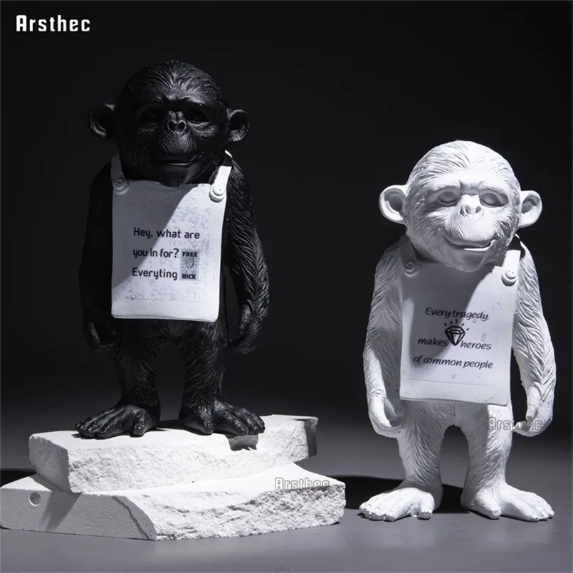 Arsthec Banksy Monkey Gorilla Resin Staty Skulptur Street Art Craft Desk Figurines för inredning Hem Dekoration Tillbehör 211108