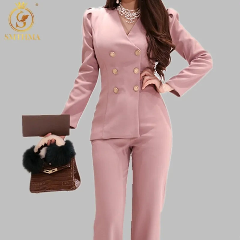 Stile coreano OL Business Tute formali Donna Slim doppio petto Abiti rosa Pagliaccetti Abiti da lavoro 210520