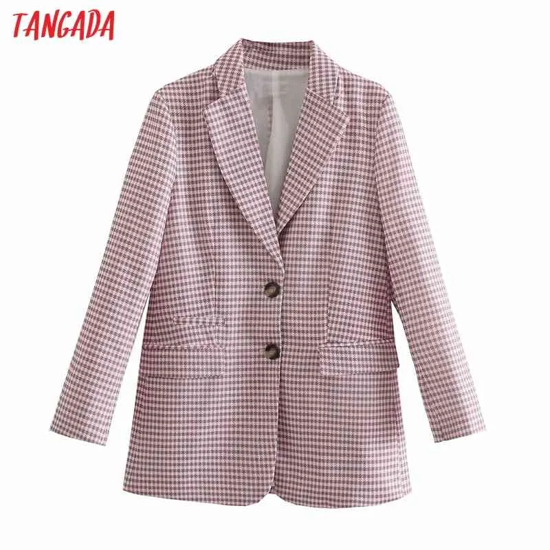 Kvinnor Plaid Print Blazer Coat Vintage Notched Collar Pocket Mode Kvinna Casual Chic Toppar 4M129 210416