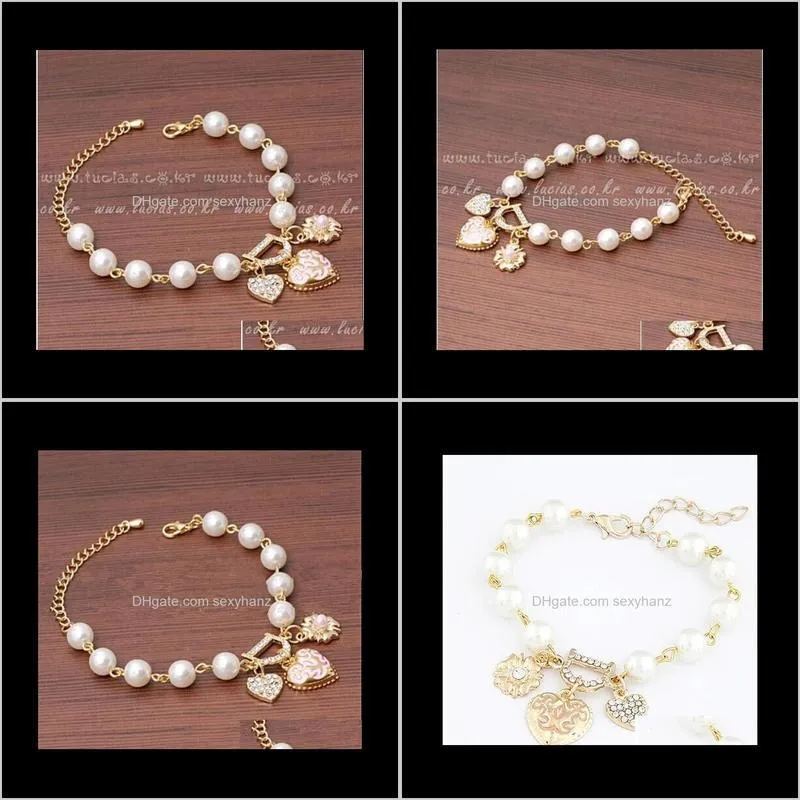 b327 pearl jewelry gold chain bling rhinestone heart bracelets charm jewelry wholesale factory price #2029