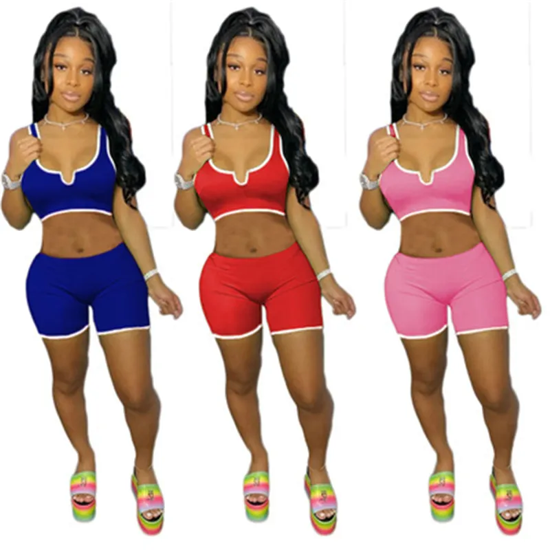 Womens Solid Colors Tracksuits Fashion Trend Sling U-ncek Short Tops Shorts Suits Designer Female Summer Low Waist Casual Sports 2pcs Sets