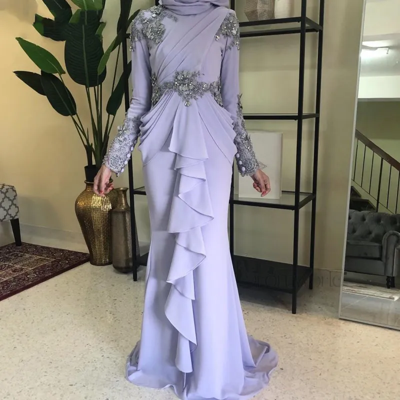 2022 Muslim Lilac High Neck Mermaid islamic Evening dresses with Long Sleeves and Hijab in Chiffon - Perfect for Formal Prom and Evening Events