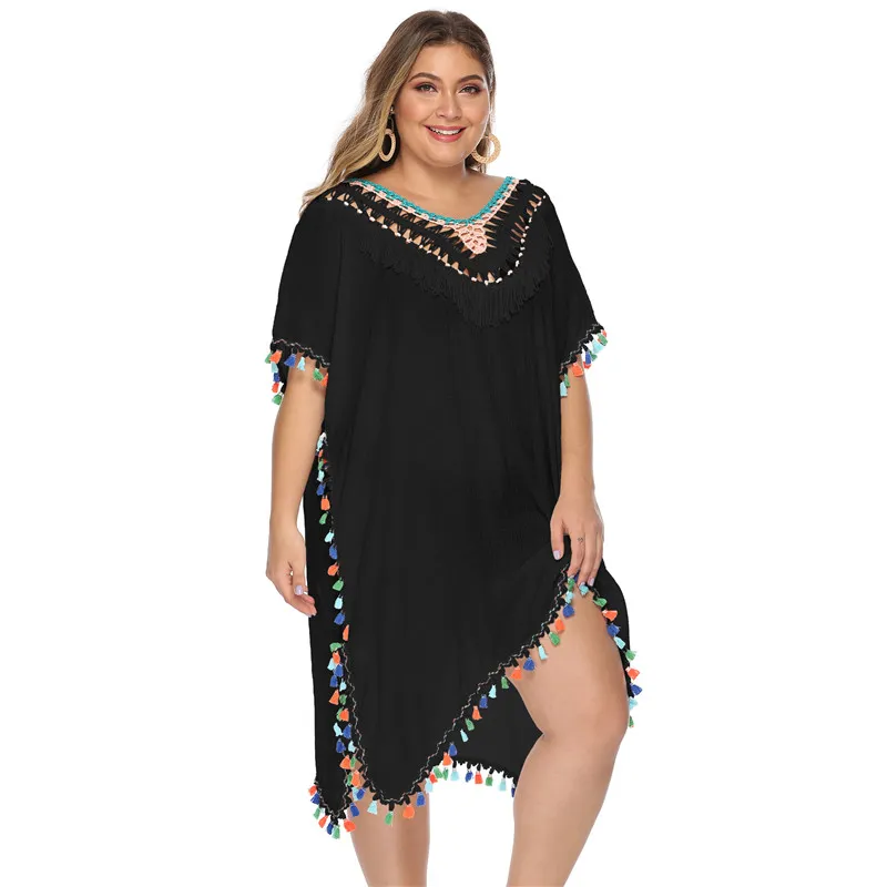 Plus Size Swim Wear Dresses for Women Bikini Tassle Beach Dress Woman Cover Up Gehaakte Jurk 2020 Summer Tunic Black White XL XXL XXXL