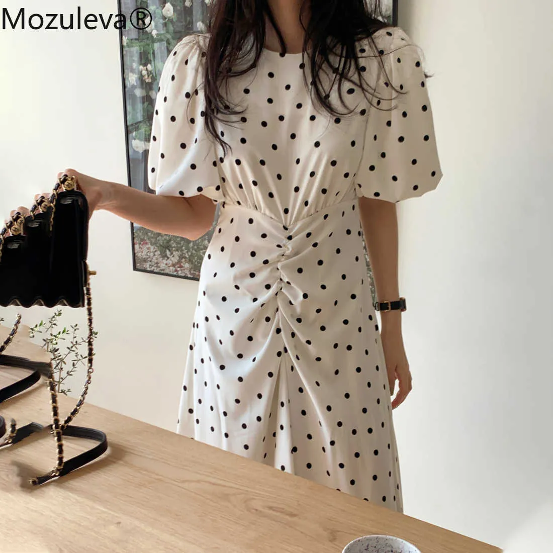 Mozuleva Classic Element Joker Black White Dots Punti d'onda irregolari Hubble-bubble Sleeve Draw String Design Dress 210706