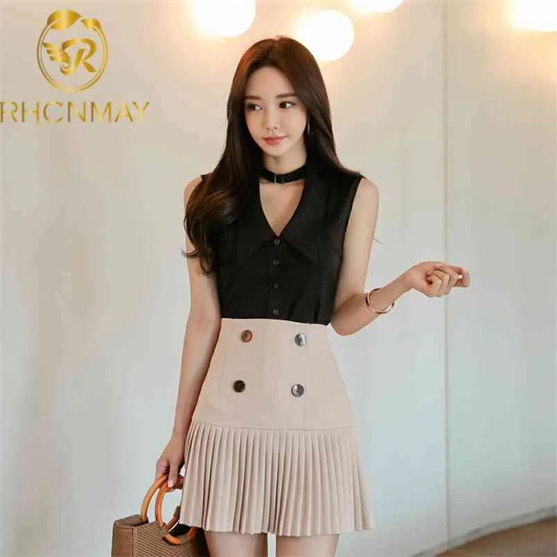 Verano coreano casual streetwear conjunto de dos piezas sin mangas blusa negra + imperio plisado abrigo mini falda mujeres 2 210506