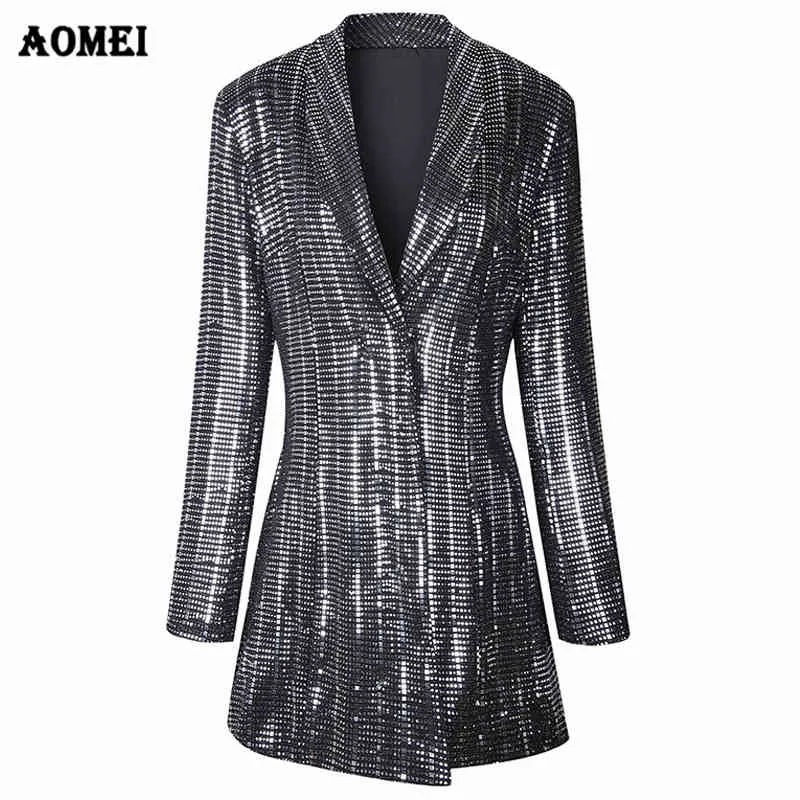 Cekiny Gilding Shining Blazer Płaszcz Moda Garnitur Kobiety Workwear Office Lady Blask odzież Spadek Kurtki zimowe Długie Outwear 210416