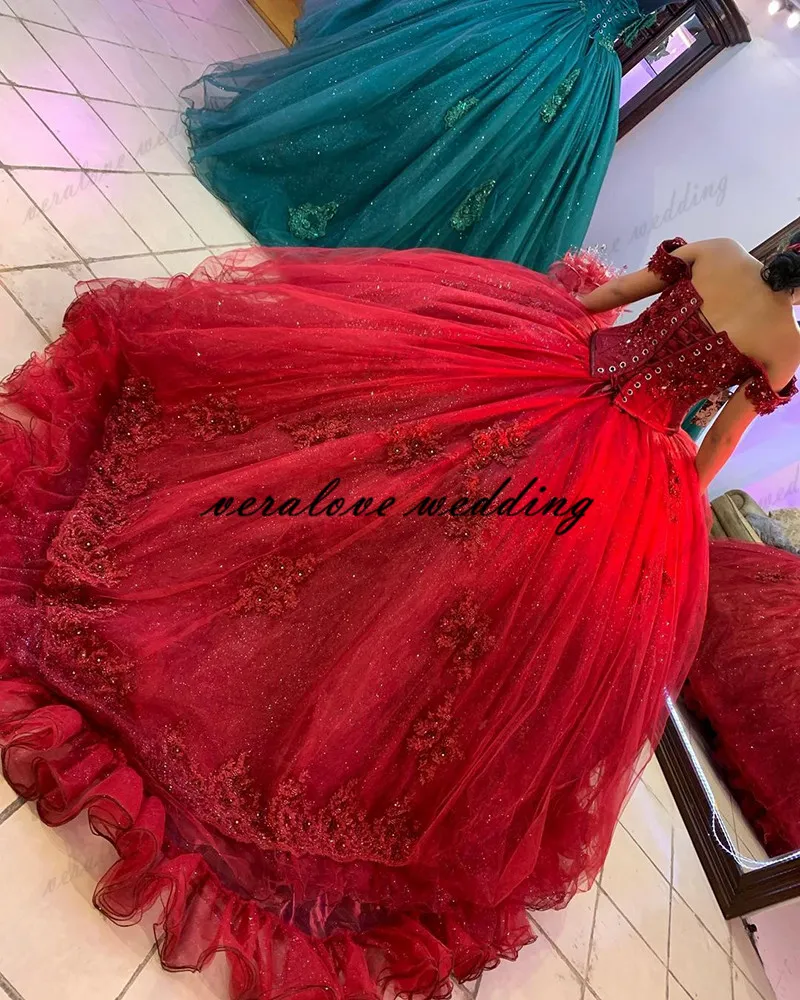 red dress for masquerade party Red Beaded Quinceanera Ball Red Ball gown with Lace Applique and Sequined Off-Shoulder Neckline - Perfect for Prom, Sweet 15, and Masquerade