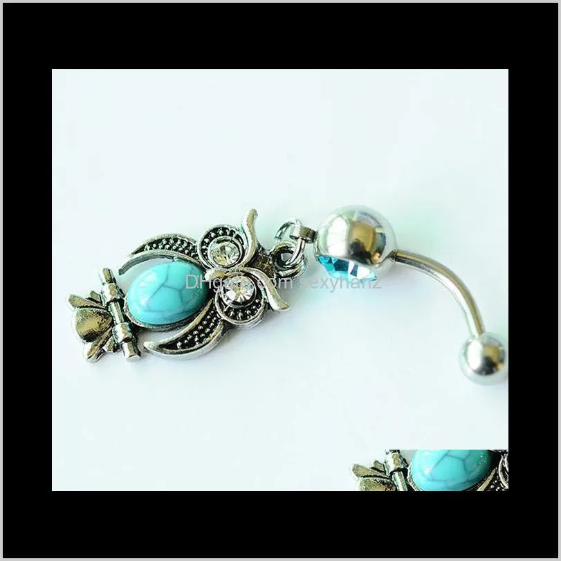 d0696 ( 1 color ) owl item aqua. color navel belly button ring piercing body jewlery 1.6*11*5/8 belly ring body jewelry