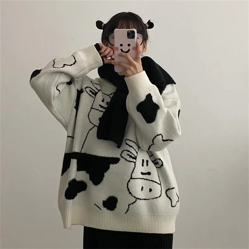 Vintage Casual Cow Print sweter Kobiety Zima O Neck Loose Lazy Femme Koreański Harajuku Dzianiny Pulower Cute Sweet Jumper 210522