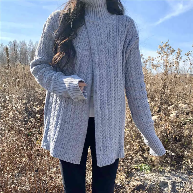 Maglioni lavorati a maglia dolcevita larghi autunnali e invernali in 2 colori da donna maglioni e pullover divisi irregolari da donna (C9810) 210423