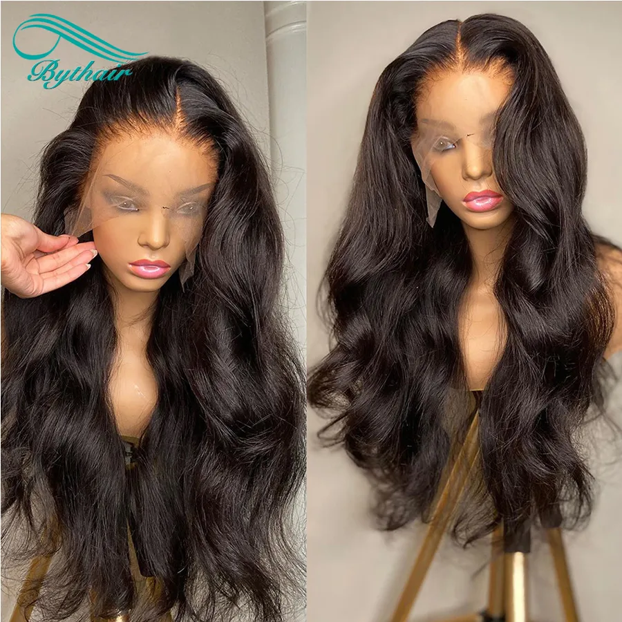 Bythair 13x6 HD Lace Front Menselijk Haar Pruik met Babyharen Body Wave Natural Black Color Pre Plucked Hairline