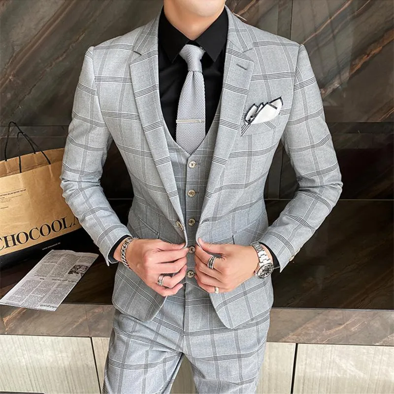 Gri Damalı Düğün Takım Erkekler 2021 İlkbahar Sonbahar 3 Parça Slim Fit Casual Costume Homme Pantolon VECE Q305 Erkek Suits312y