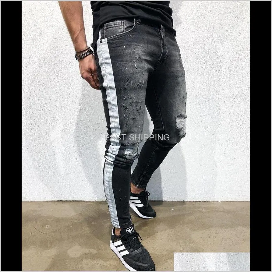 Mens jeans mode denim långa penna byxor sida randig rippad kläder manlig svart high street slim biker dnt2d km0pu