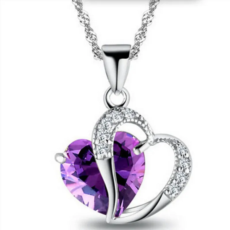 Mode violet bijoux 10 couleurs femmes cristal coeur Zircon collier chaîne dames déclaration pendentif amour bijoux