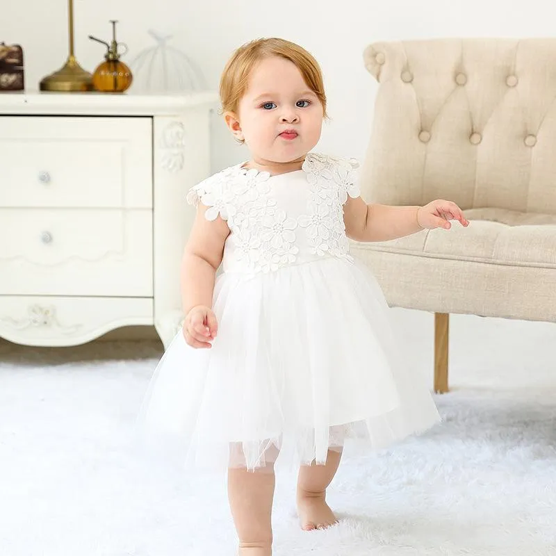 Vintage witte babyjurken doopsel jurken bloem meisje jurk geweldig voor bruiloft verjaardagspartij fee prinses boog