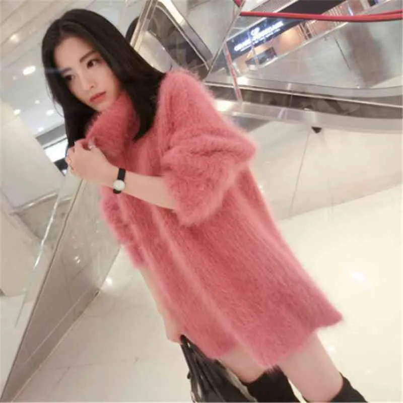Kvinnor tröja pullover vinter koreanska stickade lång tjock ull sexig rosa s hög nacke plus storlek 210428