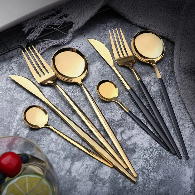 Edelstahl Spiegel Geschirr Gold Messer Mahlzeit Löffel Gabel Tee Löffel Besteck Einfache Exquisite Western Abendessen Besteck 4 Farben HHA690