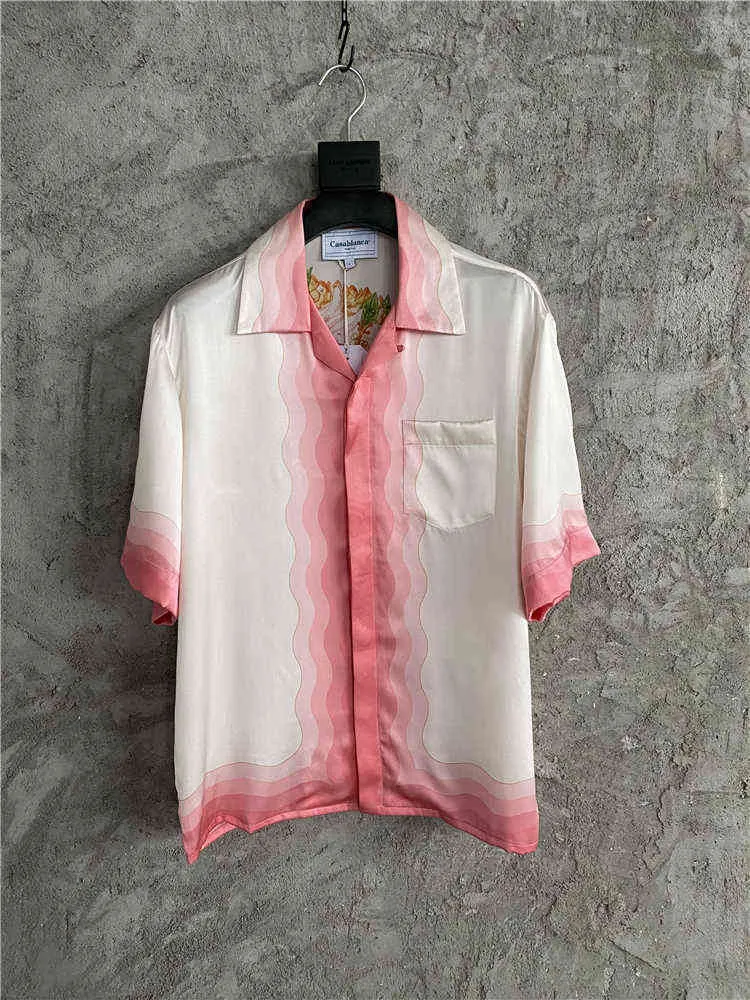 Xuanzhan Independent Casablanca Camisa de seda con estampado hawaiano de seda suelta Camisa de verano de color degradado