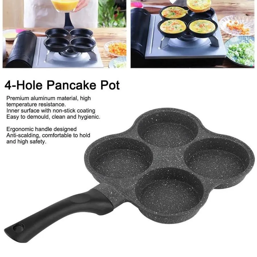 4 hål stekpott förtjockad omelet pan svart non-stick ägg biff skinka pannkaka handtag kök matlagning frukost tillverkare dhl