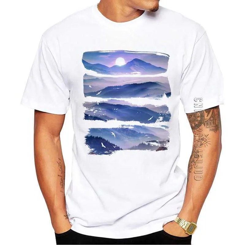 100% cotone s Fashion Mountains T-shirt da uomo UV Mountain stampato magliette a vita bassa O Neck Tee Magliette casual 210629