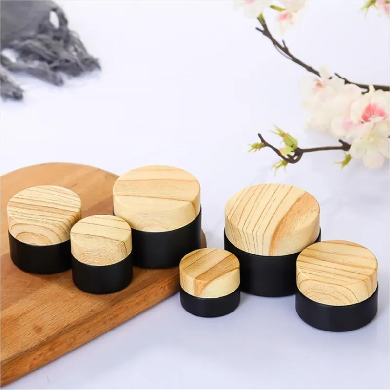 5g 10g 15g 20g 30g 50g Black Frosted Glass Jar Cosmetic Bottle Empty Makeup Container Package with Imitated Wood Grain Lids and Inner Liner