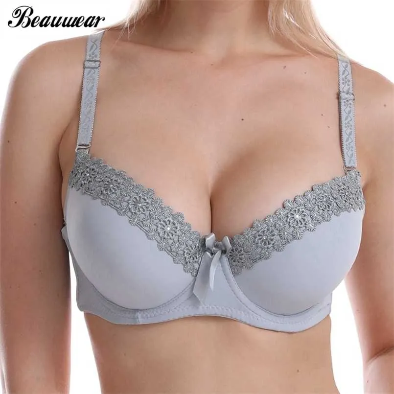 Beauwear grosso acolchoado push up sutiãs para as mulheres A B Cup Copa Deep V Plus Size 36 38 40 42 Floral Renda Emboridery Ajustada-Tiras Bra 211110