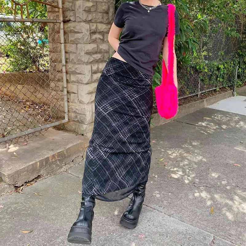 Vintage kvinnor casual lång kjol svart plaid tryckt mönster spets mitt midja nära passande kjol x0428