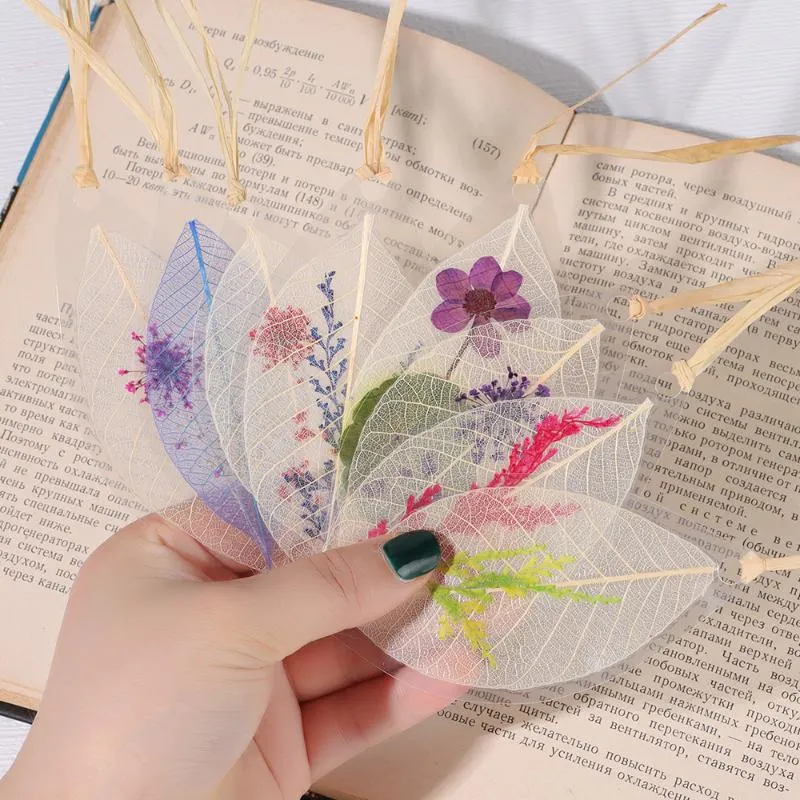 Bookmark Book Stopper Drukte bloemen met raffia Tassel bladvormige gedroogde bloemen transparante ader