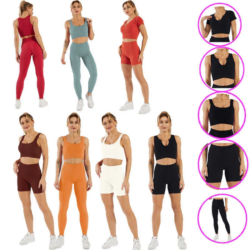 Costume SeamlYoga populaire 5 pièces chemises de sport haut court taille haute Leggings vêtements de sport FitnTracksuit ensemble d'entraînement X0629