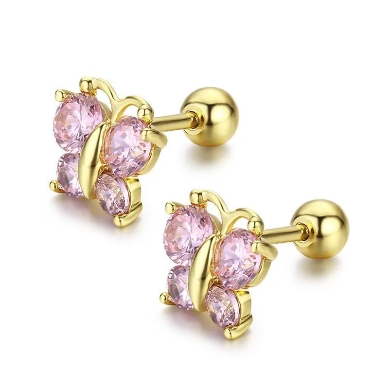 Stud 5 Colors Cute Butterfly Screw Back Earrings For Women Kids Child Baby Girls Cubic Zircon Gold Color Jewelry Aros Oorbellen